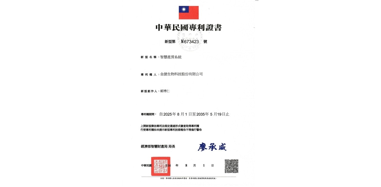 恭賀 金捷 智慧產房系統 榮獲台灣新型專利認證！